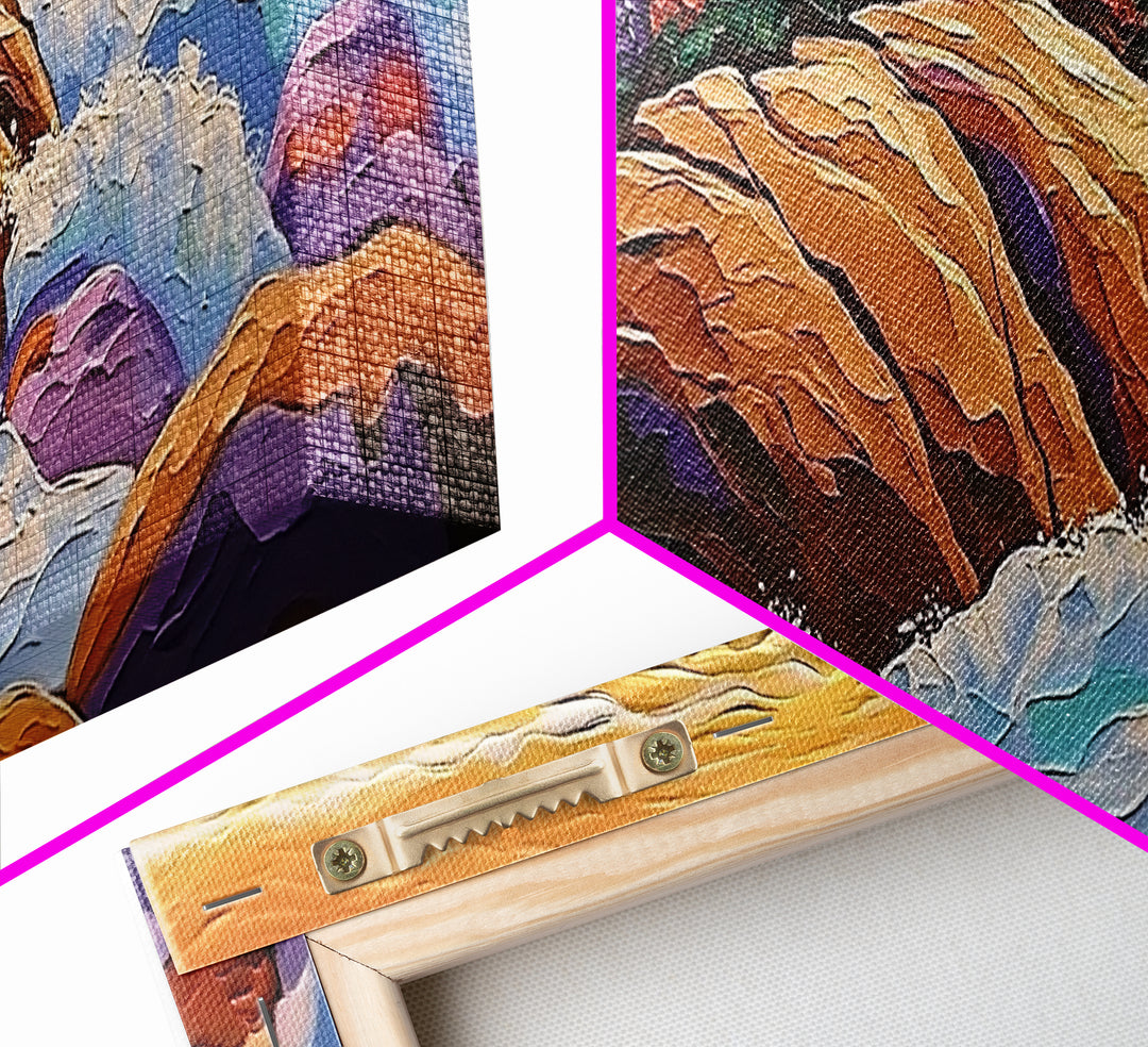 Rocky Shoreline Scene, Vibrant Sea Garden, Coastal Wave Power, Nature Texture Painting, Framed Canvas Print, Ocean Lover Wall Art