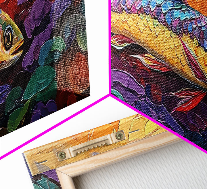 Colorful Fish Painting, Vibrant Sea Life, Abstract Ocean Creature, Marine Fantasy Style, Framed Canvas Print, Kids Room Underwater Art