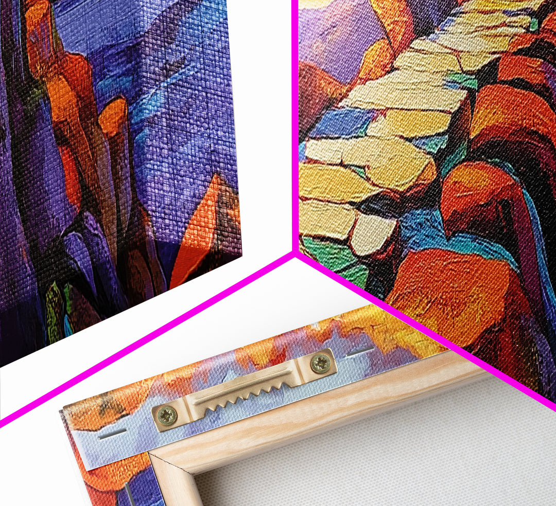 Rocky Coastal Path, Sunset Cliff Art, Vibrant Mountain Scene, Adventure Nature Decor, Framed Canvas Print, Fall Living Room Art