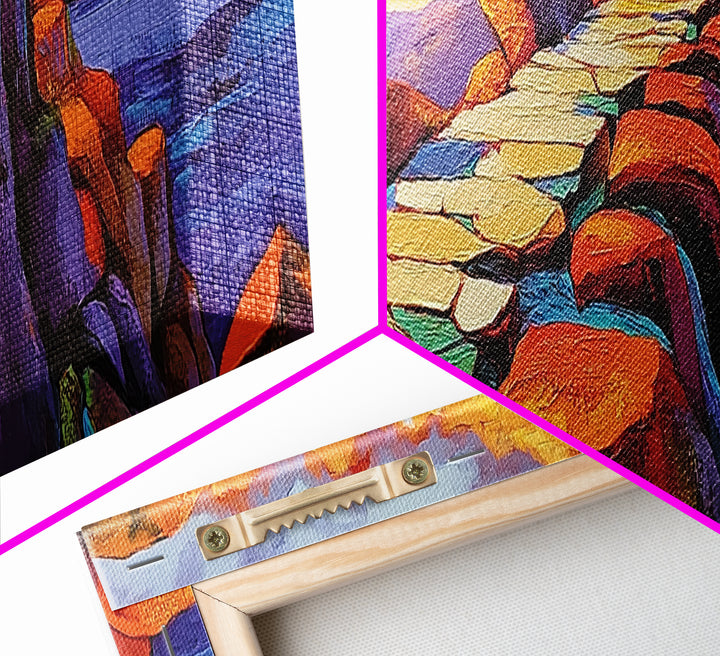 Rocky Coastal Path, Sunset Cliff Art, Vibrant Mountain Scene, Adventure Nature Decor, Framed Canvas Print, Fall Living Room Art