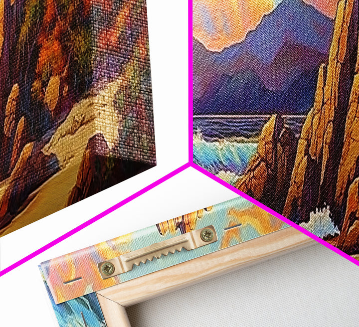 Coastal Rocks, Ocean Cliffs, Sunset Clouds, Canvas Print, Bold Seascape Wall Art, Living Room Fall Decor, Nature Inspired Aesthetic