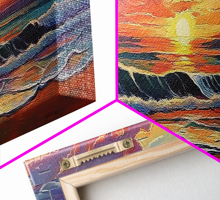 Crashing Sunset Waves, Ocean Horizon Art, Coastal Abstract Painting, Framed Canvas Print, Colorful Living Room Wall Art, Beach Vibes