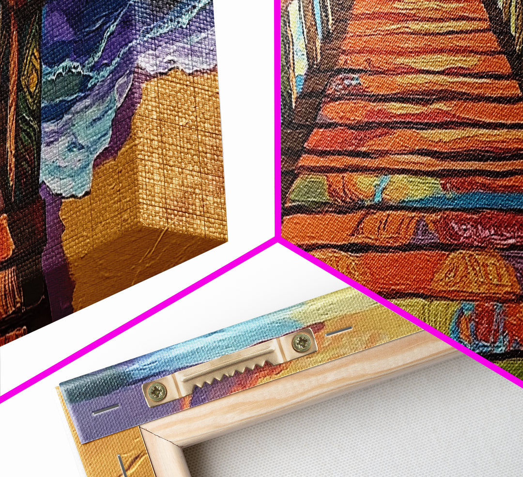 Colorful Pier, Sunset View, Ocean Dock, Serene Shoreline, Framed Canvas Print, Beach House Wall Art, Coastal Landscape Painting