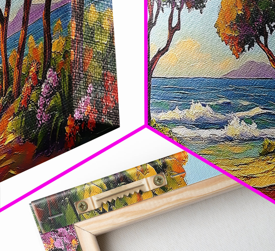 Coastal Trees, Ocean View, Beach Path, Vibrant Foliage, Framed Canvas Print, beach house decor, nature wall art, coastal living room style