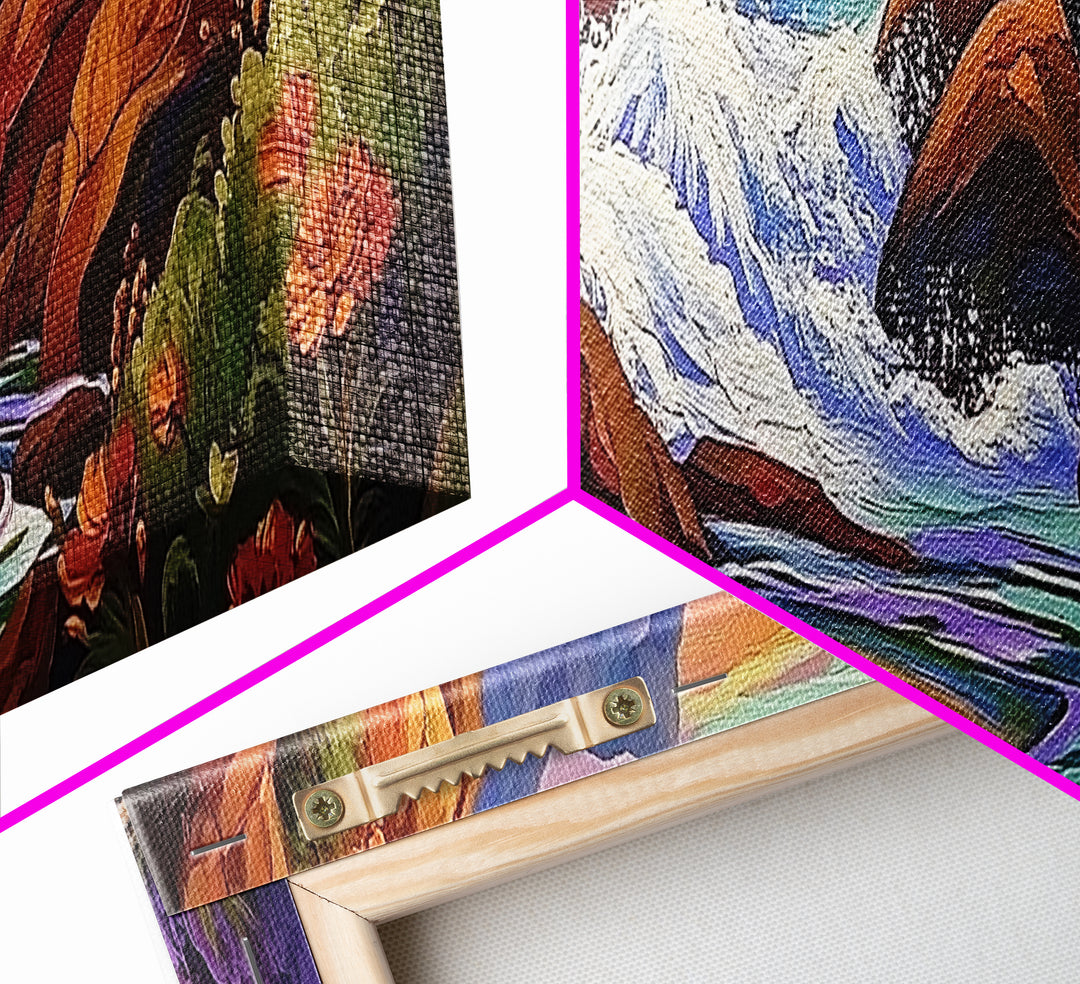 Rocky Shore, Ocean Splash, Sunset Cove, Botanical Scene, Framed Canvas Print, vibrant coastal wall art, beach bathroom decor, ocean vibe