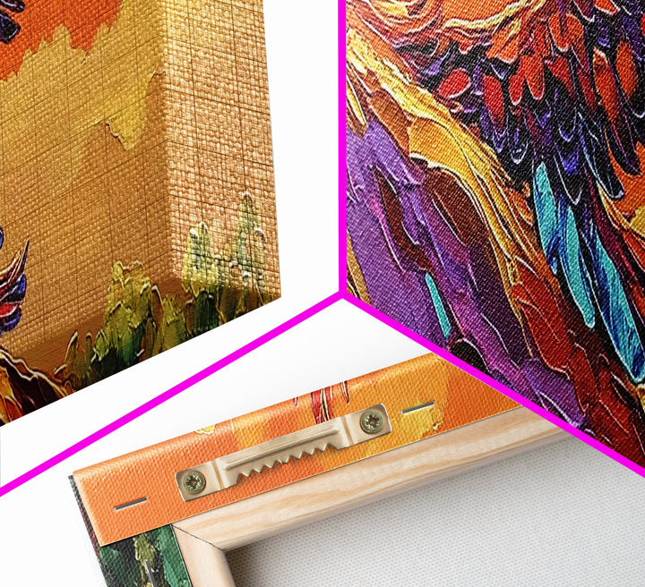 Phoenix Soar, Sunset Flight, Bold Nature, Uplifting Vibes, Framed Canvas Print, Boho Office Wall Art, Inspirational Bird Painting