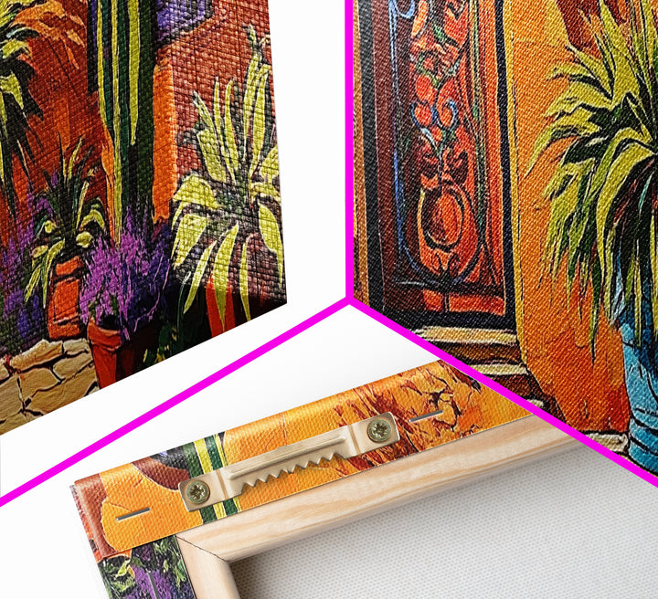 Desert Doorway, Cactus House, Warm Entryway, Framed Canvas Print, Southwest Wall Art, Rustic Kitchen Decor, Boho Style Exterior Scene