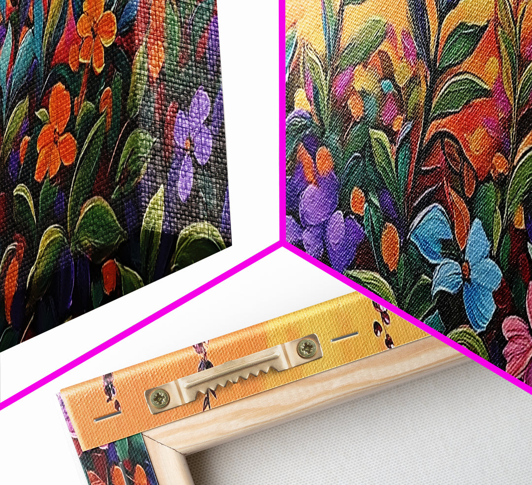 Autumn Garden Flowers, Orange Sky, Bold Leaves, Seasonal Blooms, Canvas Print, Fall Kitchen Wall Art, Botanical Color Pop