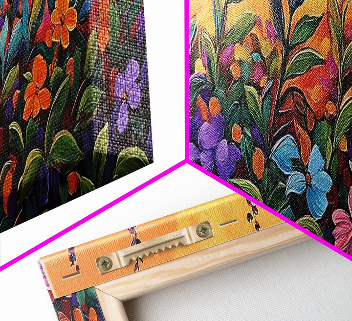 Autumn Garden Flowers, Orange Sky, Bold Leaves, Seasonal Blooms, Canvas Print, Fall Kitchen Wall Art, Botanical Color Pop