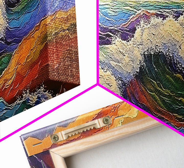 Crashing Waves, Vibrant Seascape, Ocean Energy, Coastal Sunset, Framed Canvas Print, Beach House Decor, Modern Nautical Art