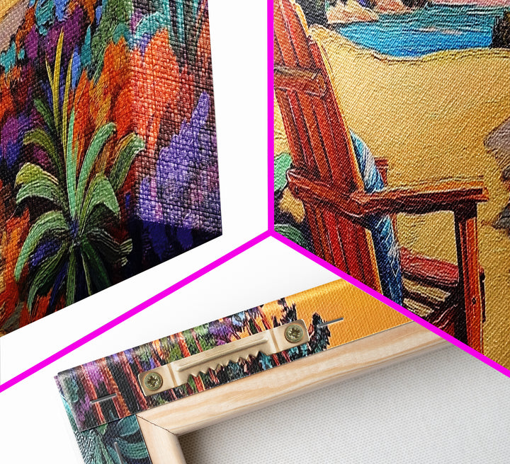 Peaceful Beach Chair, Vibrant Sunset Retreat, Tropical Escape Wall Art, Framed Canvas Print, Vacation Home Decor, Boho Island Artwork