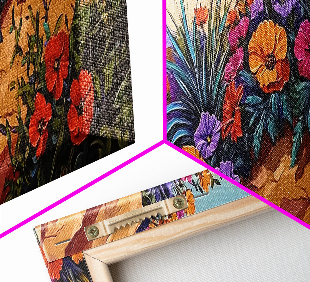 Coastal Flowers, Sunset Hillside, Wildflower Art, Framed Canvas Print, Vibrant Landscape Wall Decor, Living Room Boho Wall Art