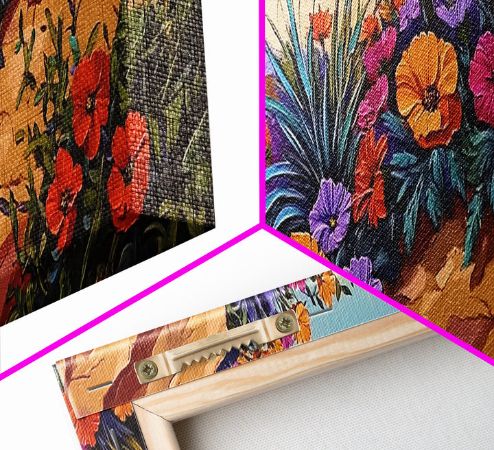 Coastal Flowers, Sunset Hillside, Wildflower Art, Framed Canvas Print, Vibrant Landscape Wall Decor, Living Room Boho Wall Art