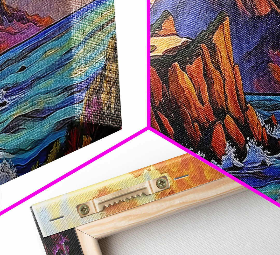 Cliffside Drive, Sunset Coast, Dramatic Ocean Scene, Framed Canvas Print, Coastal Wall Art, Office Accent Art, Bold Color Landscape