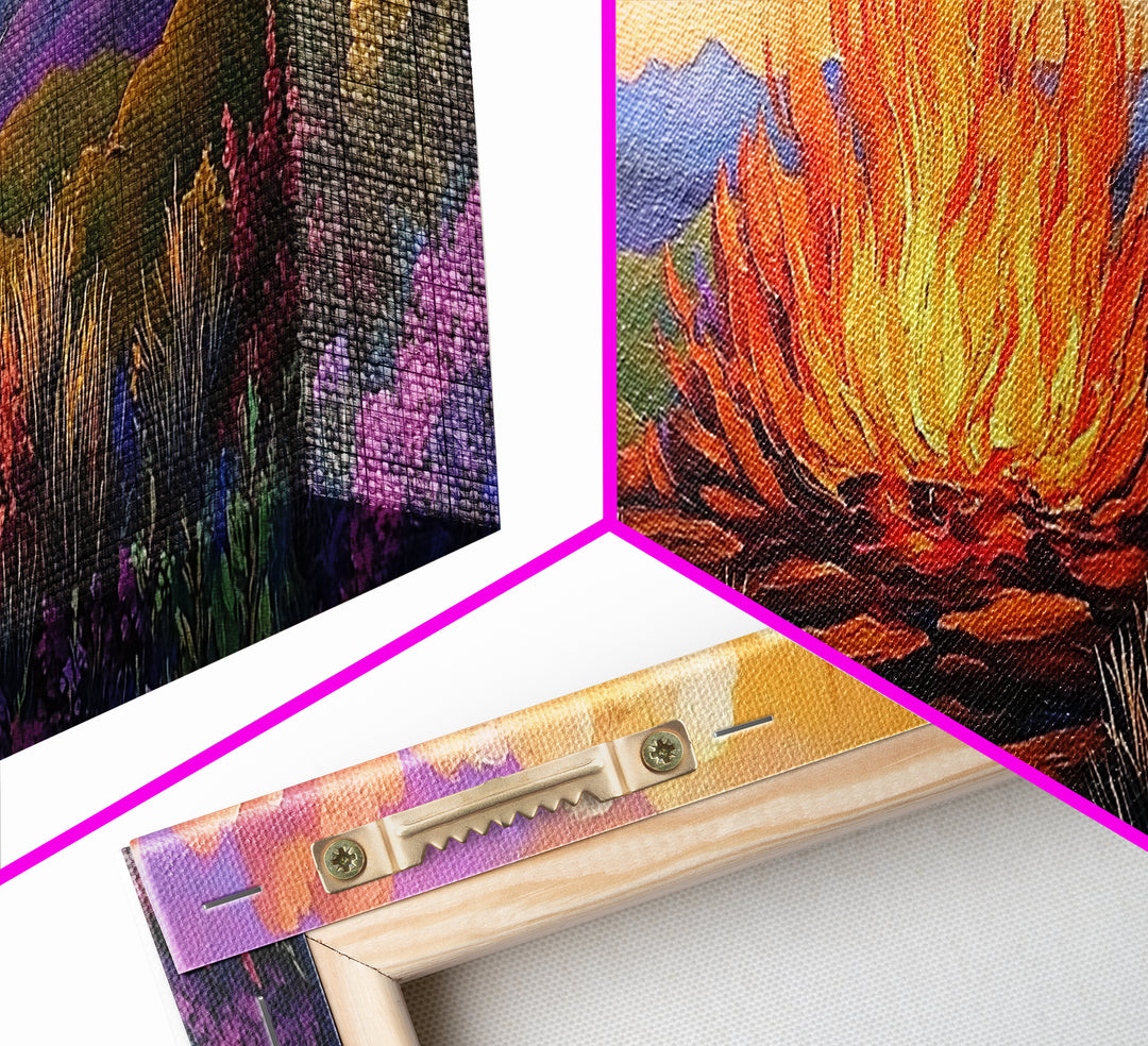 Dramatic Bonfire Night, Vibrant Flame in Hills, Scenic Nature Wall Art, Framed Canvas Print, Fall Lodge Decor, Rustic Landscape Artwork