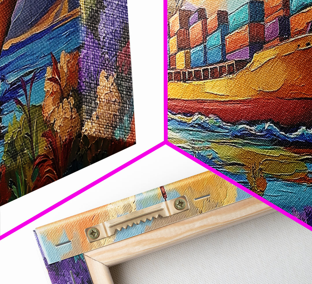 Coastal Cargo Ship, Vibrant Ocean Painting, Nautical Decor, Container Ship Art, Canvas Print, Modern Seascape, Office Wall Art, Boho Art