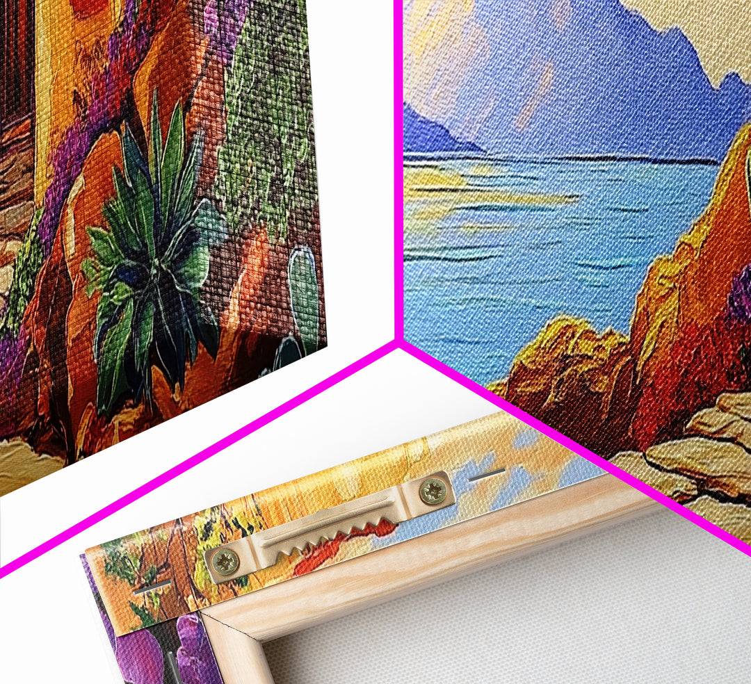 Adobe House View, Desert Coastal Path, Southwest Landscape, Mountain Ocean Art, Canvas Print, Kitchen Wall Art, Warm Boho Style