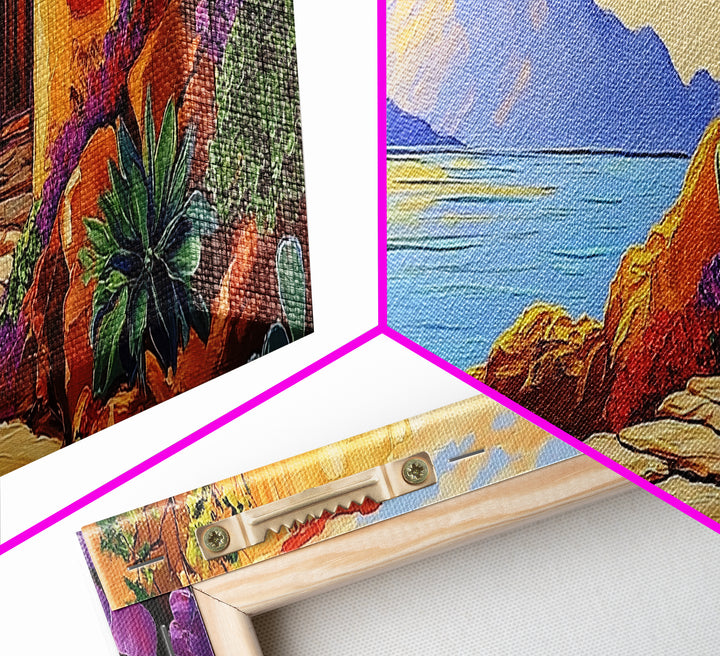 Adobe House View, Desert Coastal Path, Southwest Landscape, Mountain Ocean Art, Canvas Print, Kitchen Wall Art, Warm Boho Style