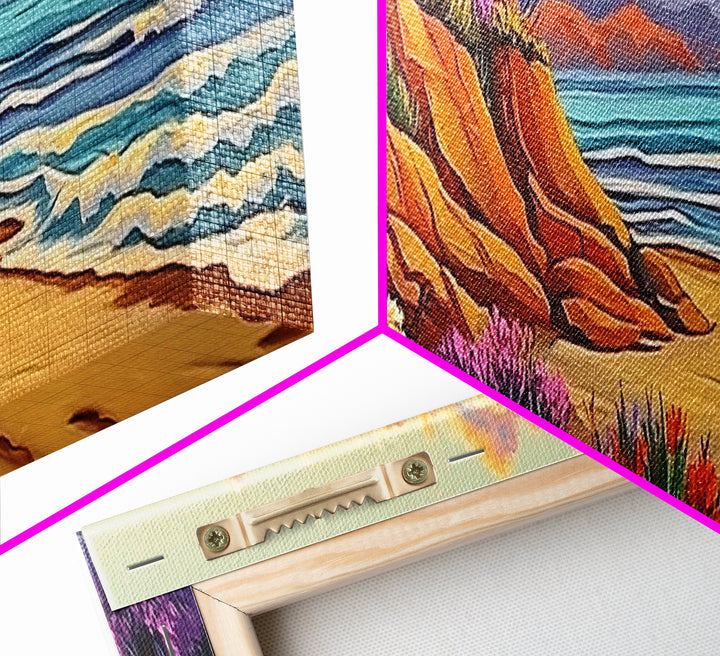 Cliffside Flowers, Ocean Waves, Sunset Coast, Canvas Print, Vibrant Coastal Wall Art, Bedroom or Bathroom Decor, Bohemian Beach Art