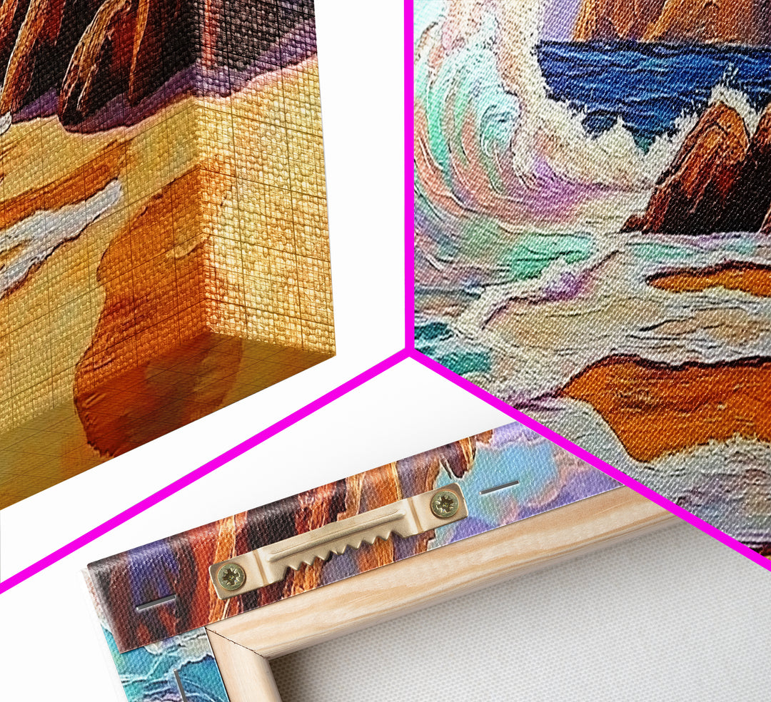 Crashing Wave, Coastal Shore, Sunset Beach, Framed Canvas Print, Ocean Wall Art, Beach Decor, Vibrant Surf Painting, Bathroom Art