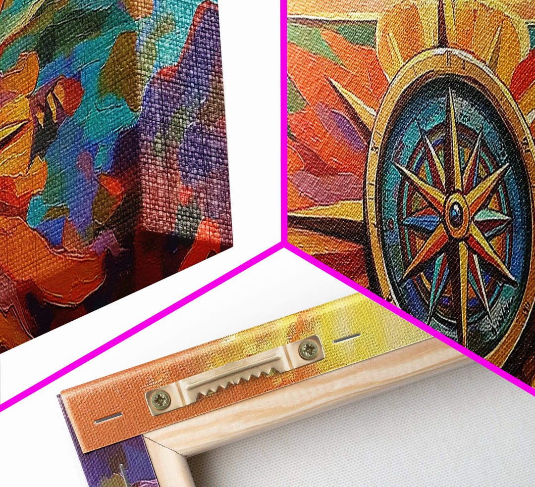 Compass Rose, Nautical Decor, Seafaring Art, Sunset Ocean, Framed Canvas Print, Beach House Art, Office Wall Art, Boho Travel Art