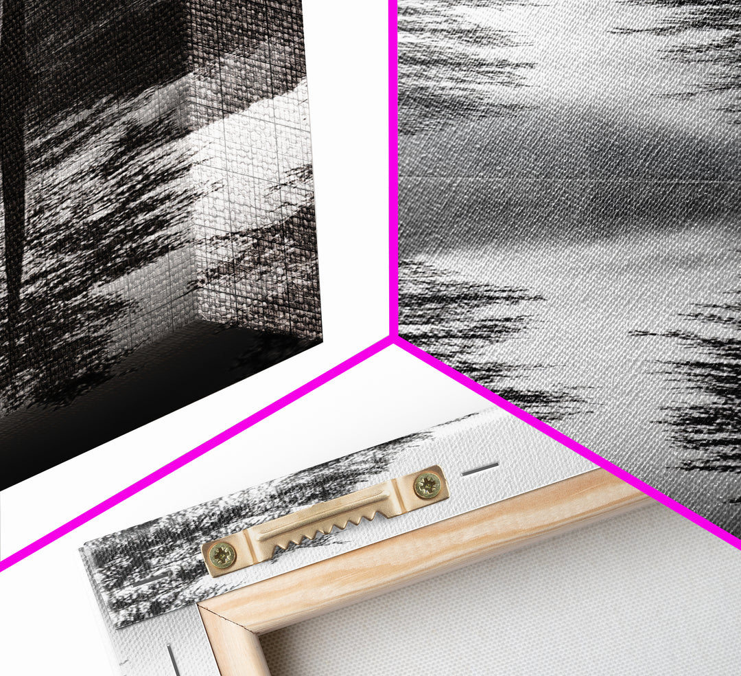 Twin Pines, Forest Reflection, Misty Lake, Black and White Nature, Framed Canvas Print, Living Room Wall Art, Nature Photography, Zen Decor