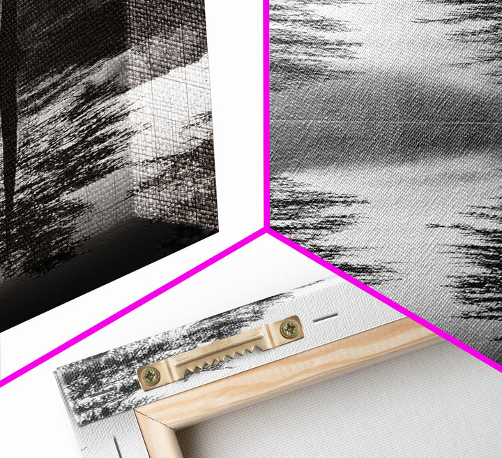 Twin Pines, Forest Reflection, Misty Lake, Black and White Nature, Framed Canvas Print, Living Room Wall Art, Nature Photography, Zen Decor