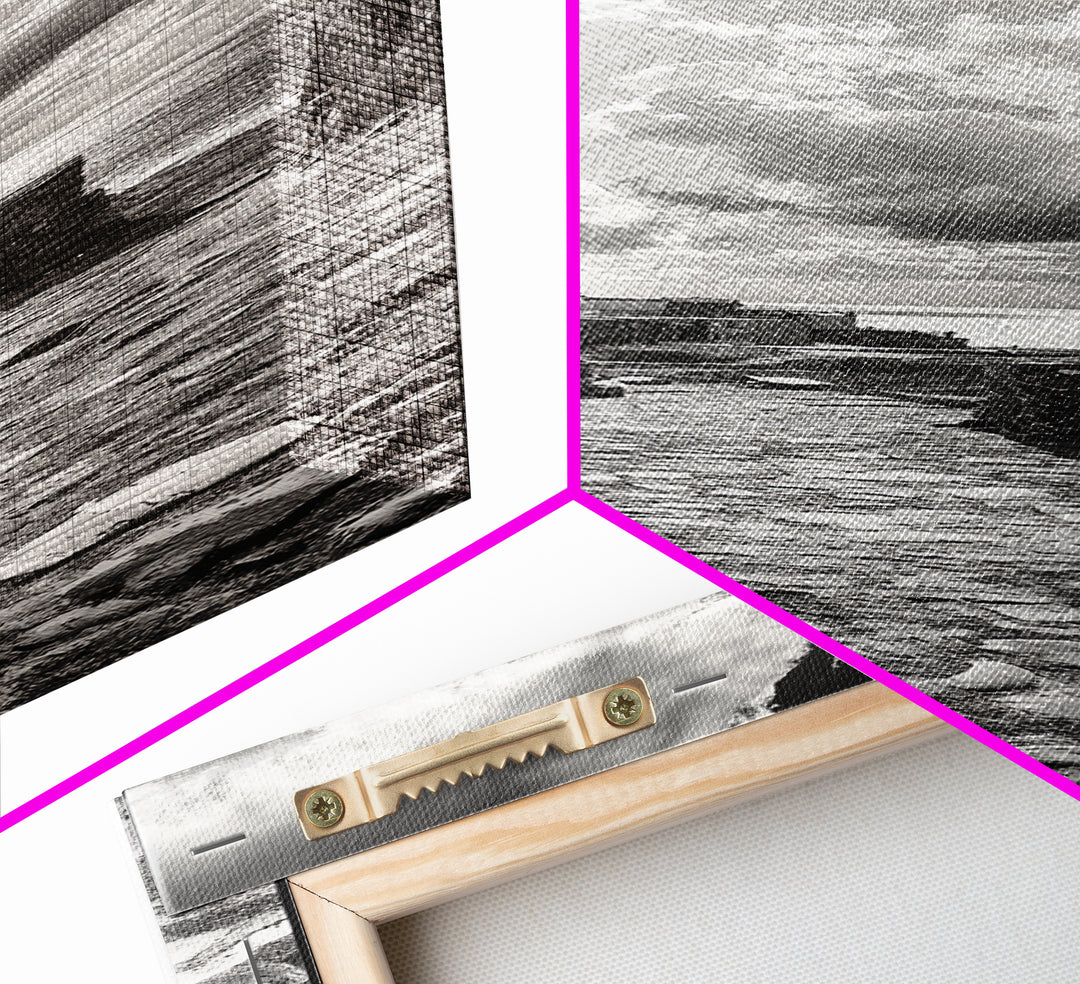 Coastal Street, Ocean View, Mediterranean Charm, Monochrome Photography, Framed Canvas Print, Living Room Print, Kitchen Wall Art