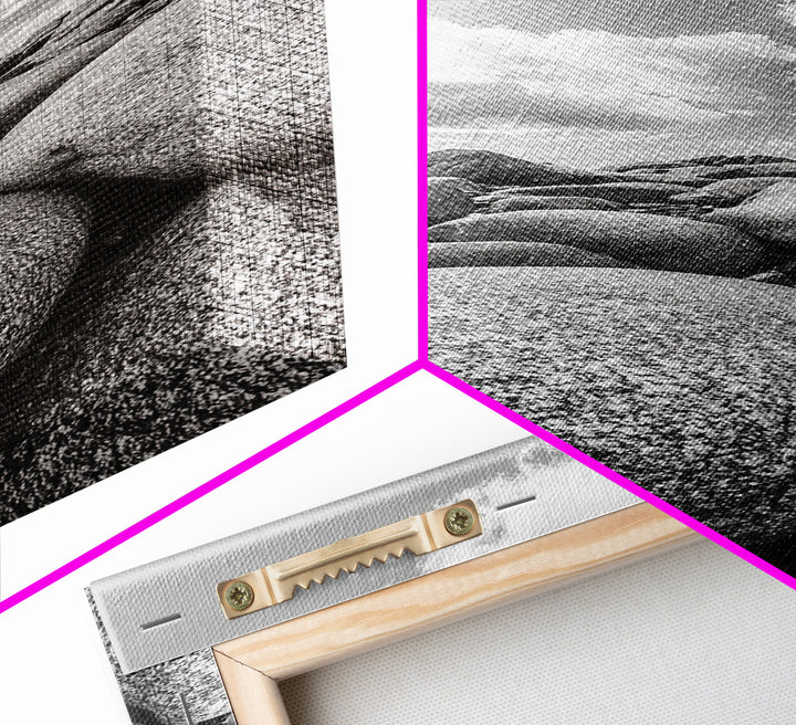 Granite Boulders, Coastal Rocks, Ocean Horizon, Dramatic Clouds, Framed Canvas Print, Nature Wall Art, Modern Beach House Decor