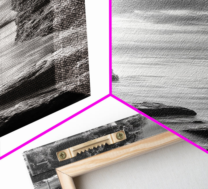 Rocky Passage, Seaside View, Cave Entrance, Dramatic Nature Scene, Framed Canvas Print, Moody Black and White Bedroom Wall Art, Hallway Decor