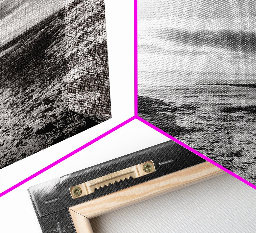 Cliffside Horizon, Beach Escape, Black and White Nature, Framed Canvas Print, Coastal Wall Art, Entryway Decor, Minimalist Aesthetic