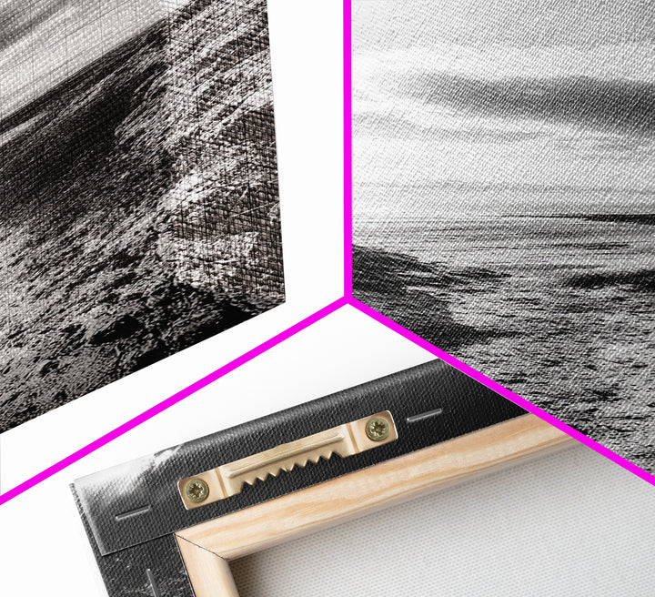 Cliffside Horizon, Beach Escape, Black and White Nature, Framed Canvas Print, Coastal Wall Art, Entryway Decor, Minimalist Aesthetic