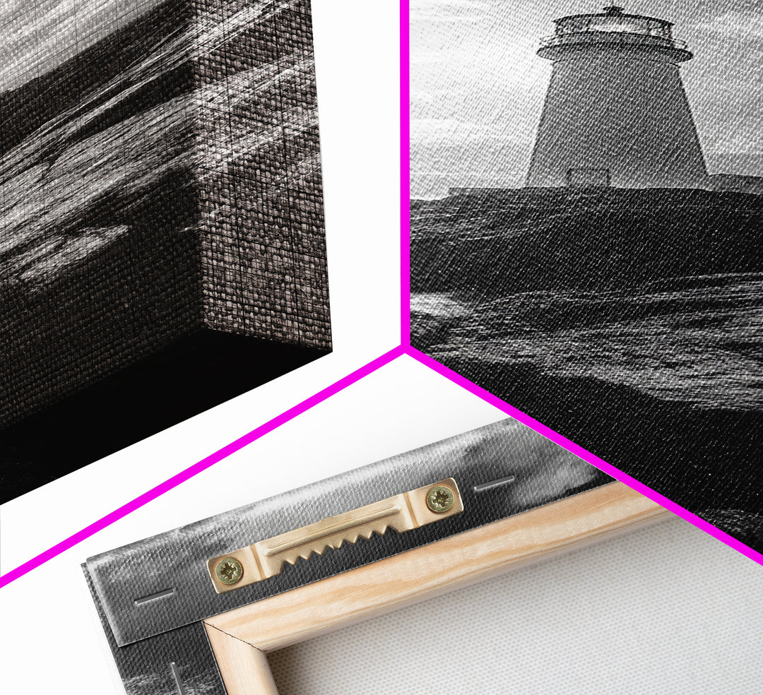 Coastal Beacon, Nautical Light, Ocean Landscape, Sunset Sky, Lighthouse Photography Framed Canvas Print, Living Room Nautical Wall Art