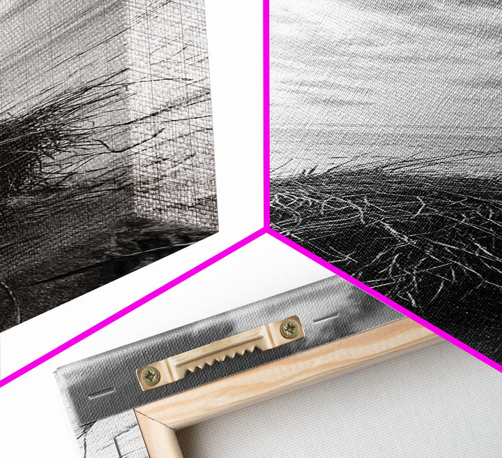 Beach Tumbleweed, Windy Dune, Coastal Drift, Seaside Simplicity, Monochrome Shoreline Framed Canvas Print, Bathroom Beach Wall Decor