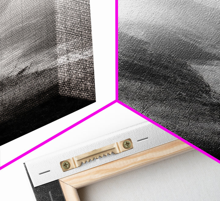 Cliffside Fog, Coastal Mist, Ocean Overlook, Framed Canvas Print, Living Room Wall Art, Monochrome Decor, Moody Landscape, Minimalist Home