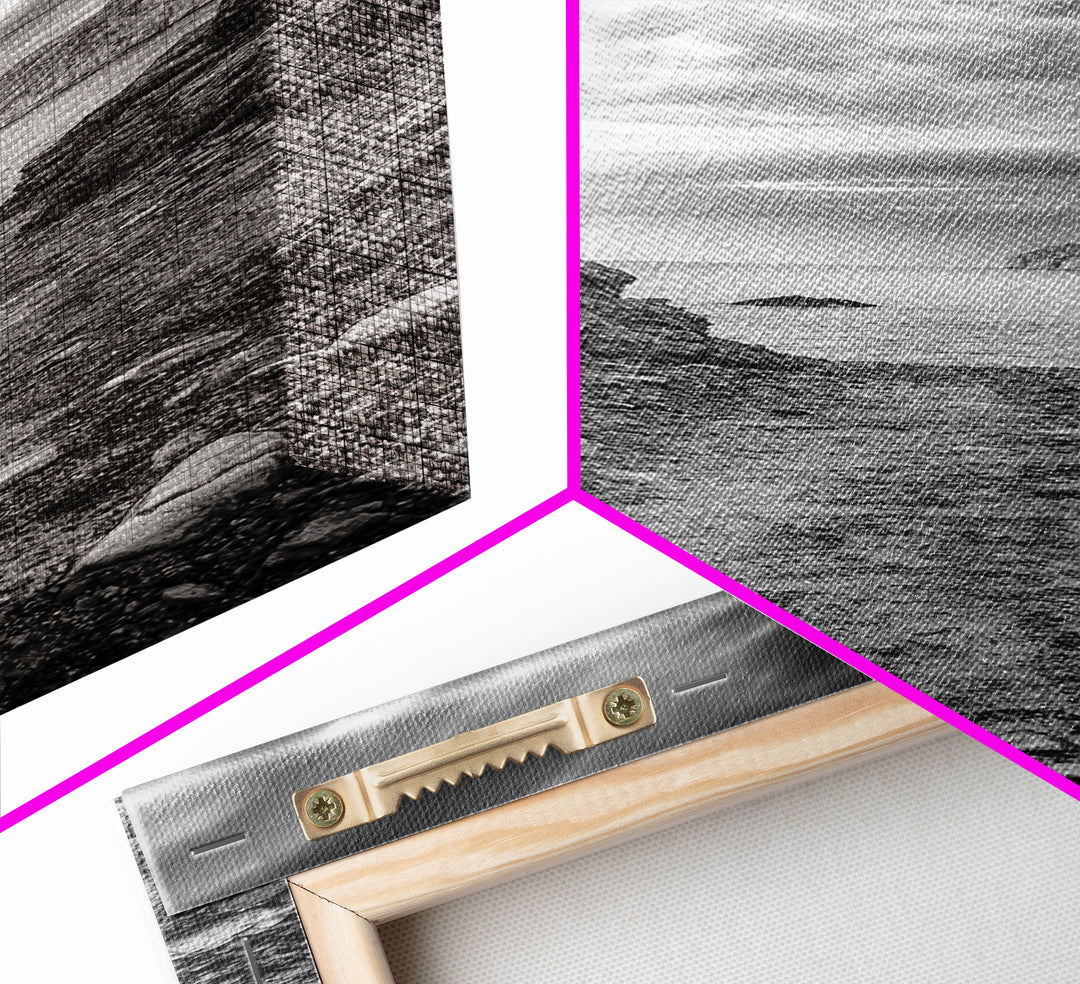 Rocky Pathway, Seaside Trail, Cloudy Horizon, Framed Canvas Print, Moody Coastal Wall Art, Nature Inspired, Monochrome Travel Decor