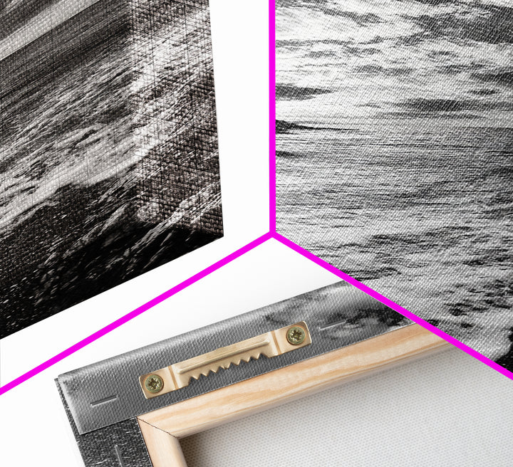 Rocky Coastline, Ocean Foam, Sunset Glow, Framed Canvas Print, Nautical Wall Art, Beach House Decor, Moody Seascape Photography