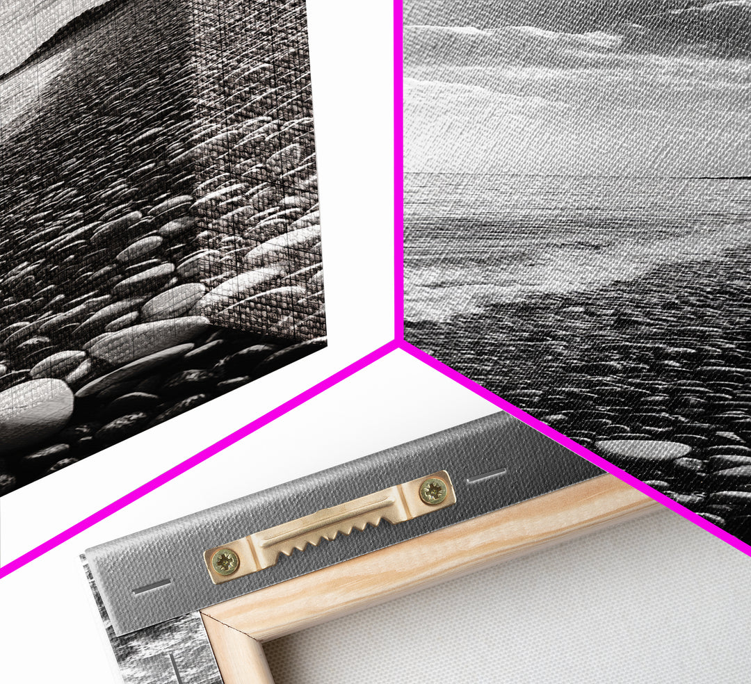 Pebble Beach, Gentle Waves, Coastal Calm, Framed Canvas Print, Minimalist Bathroom Wall Art, Nature Texture Decor, Seaside Zen, Office Wall Art