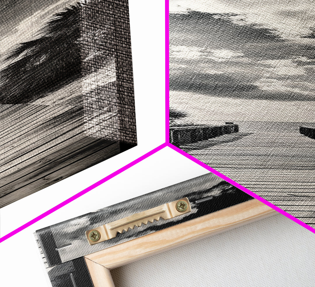 Boardwalk Path, Coastal Sunset, Palm Trees, Framed Canvas Print, Beach Walkway Wall Art, Entryway or Living Room Coastal Decor