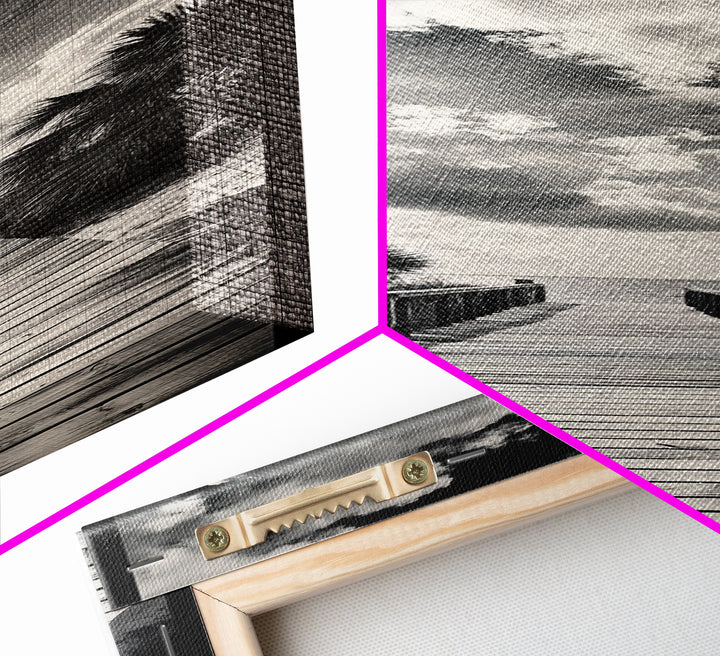 Boardwalk Path, Coastal Sunset, Palm Trees, Framed Canvas Print, Beach Walkway Wall Art, Entryway or Living Room Coastal Decor