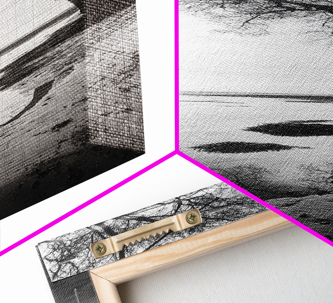 Bare Tree Reflection, Minimal Winter Shoreline, Calm Monochrome Art, Framed Canvas Print, Scandinavian Living Room Art, Bathroom Art