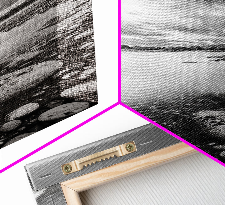 Rocky River, Serene Stream, Nature Calm, Monochrome Landscape, Framed Canvas Print Rustic Wall Decor, Modern Bathroom Art, Minimalist Style