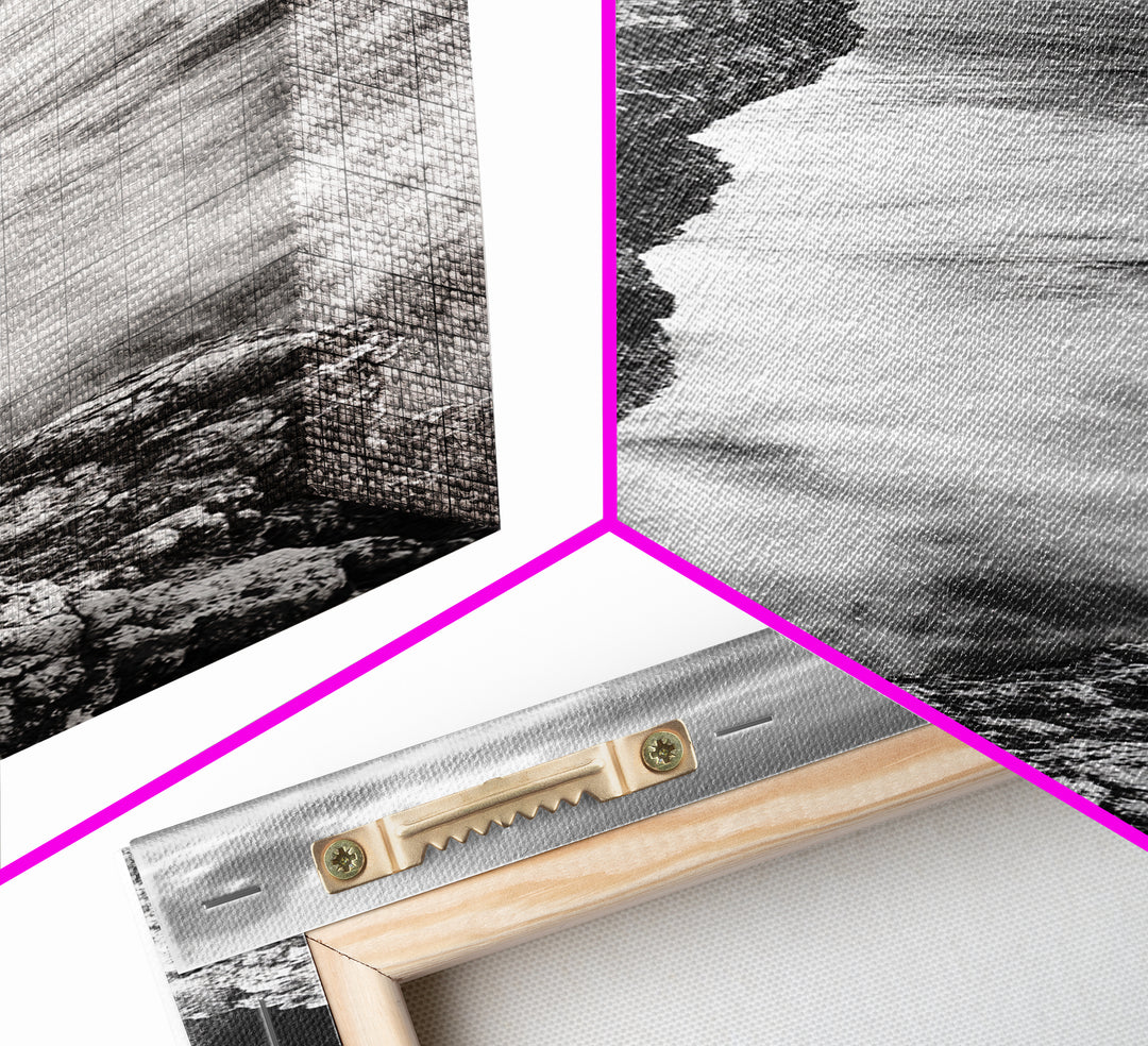 Cliffside Ocean, Storm Waves, Dramatic Coast, Monochrome Rocks, Framed Canvas Print Bathroom Wall Art, Minimalist Nautical Style, Coastal Decor