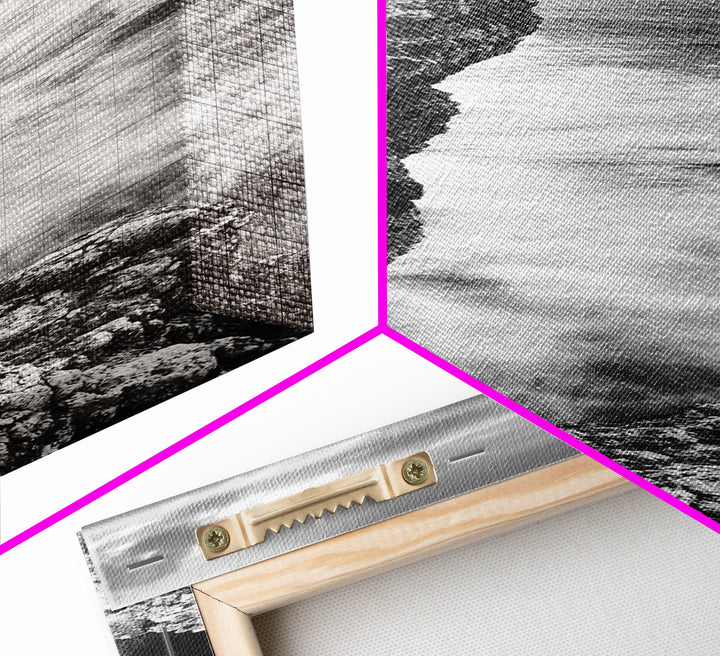 Cliffside Ocean, Storm Waves, Dramatic Coast, Monochrome Rocks, Framed Canvas Print Bathroom Wall Art, Minimalist Nautical Style, Coastal Decor