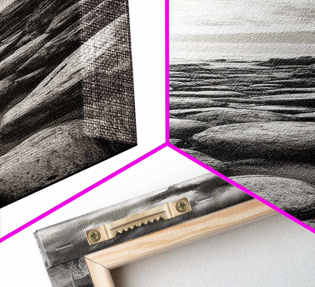 Coastal Stones, Rocky Shore, Sunrise Ocean, Black White Print, Framed Canvas Print Beach House Decor, Entryway Art, Nautical Minimalist Wall Art