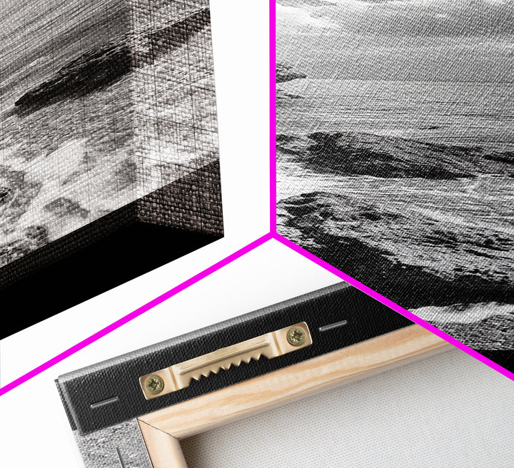 Rocky Beach, Calm Water, Summer Shore, Black White Coastal View, Framed Canvas Print Beach Wall Art, Nature Decor, Coastal Bathroom Style