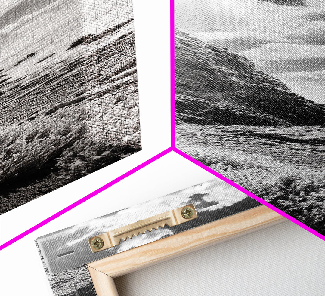 Coastal Shrubs, Rocky Beach, Sunlit Cliffside, Framed Canvas Print, Kitchen Wall Art, Black and White Nature, Scandinavian Home Style