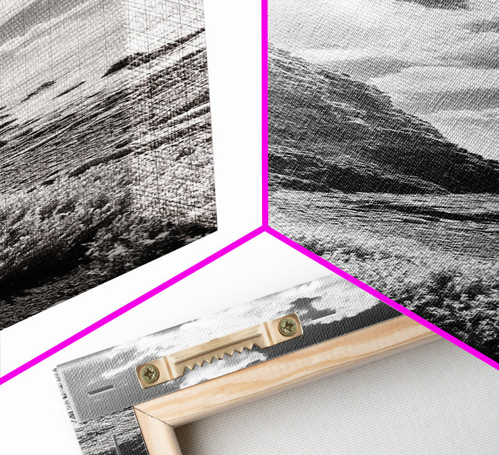 Coastal Shrubs, Rocky Beach, Sunlit Cliffside, Framed Canvas Print, Kitchen Wall Art, Black and White Nature, Scandinavian Home Style