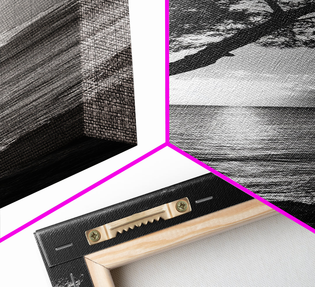 Coastal Tree, Ocean Sunset, Silhouetted Landscape, Peaceful Water, Framed Canvas Print, Nature Art, Bedroom Tranquil Decor