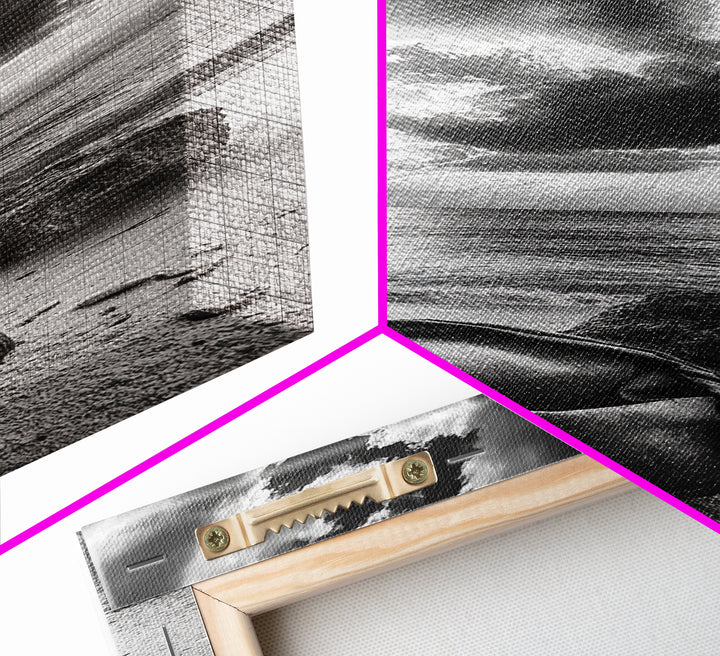 Coastal Bag, Driftwood Rock, Stormy Sea, Framed Canvas Print, Moody Beach Wall Art, Minimalist Decor, Ocean Vibe Photography